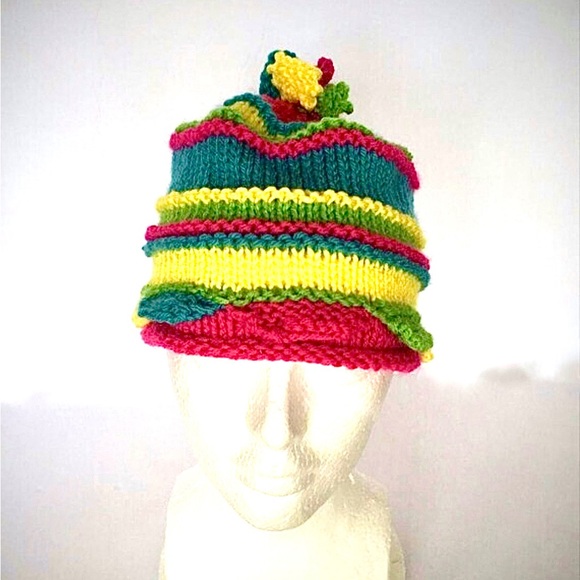 NWT Hand Knit Bright Colorful Rainbow Striped Beanie Hat Size 12-24 Mos. - Picture 6 of 10